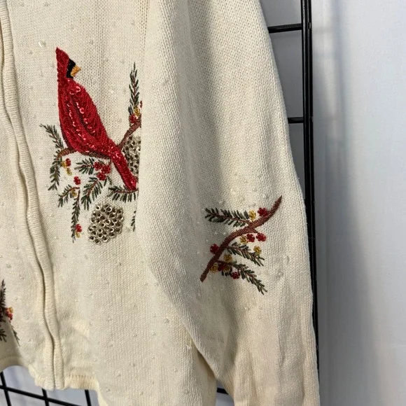 Vintage Ms Lee Cardigan Sweater Womens 2X Ivory Art to Wear Cottagecore Cardinal - Picture 11 of 12